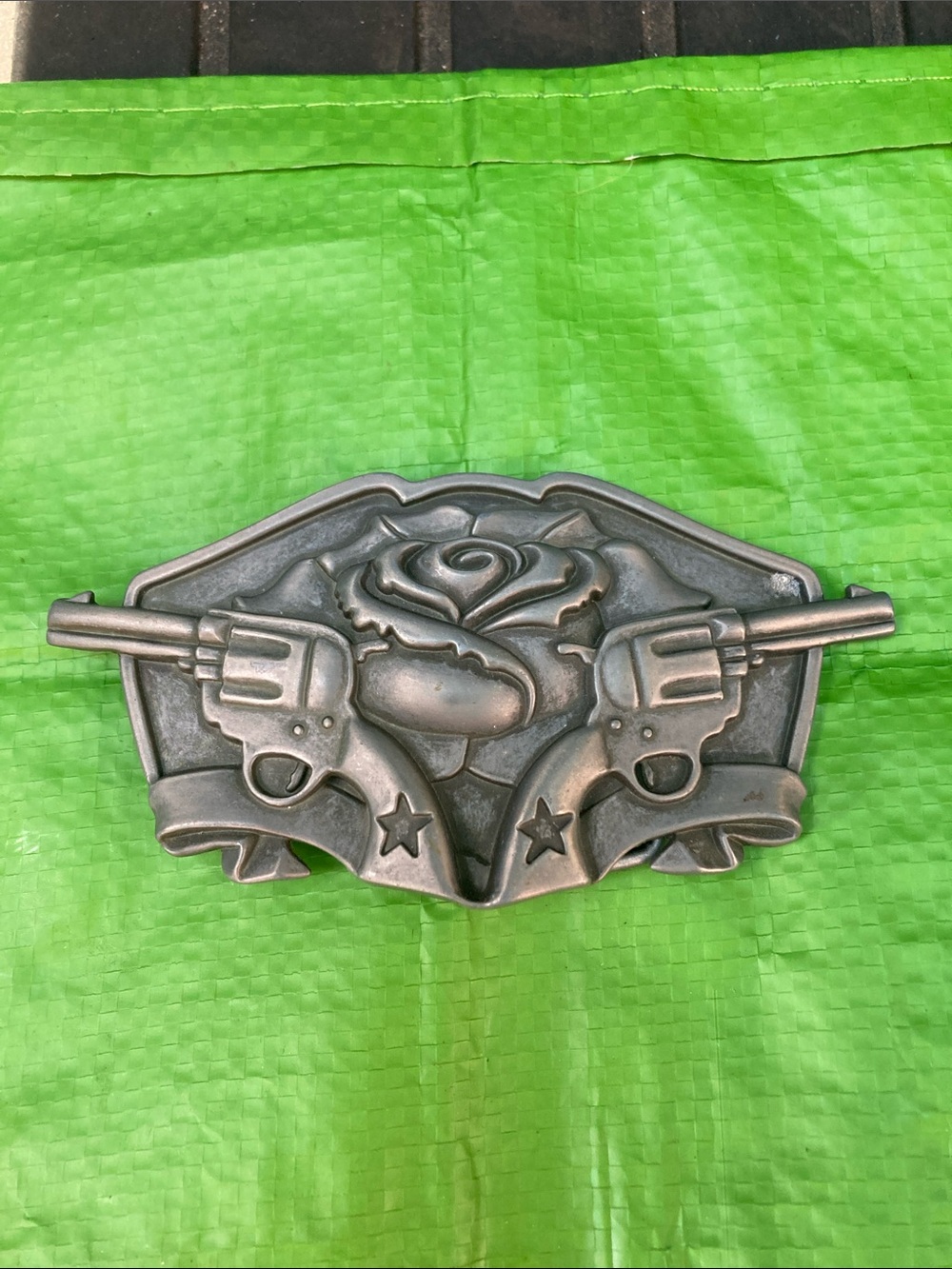 Famous Stars & Straps Silver Western Revolver and Rose Belt Buckle